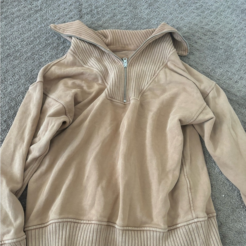 Aerie Tan Ribbed Quarter-Zip Sweater